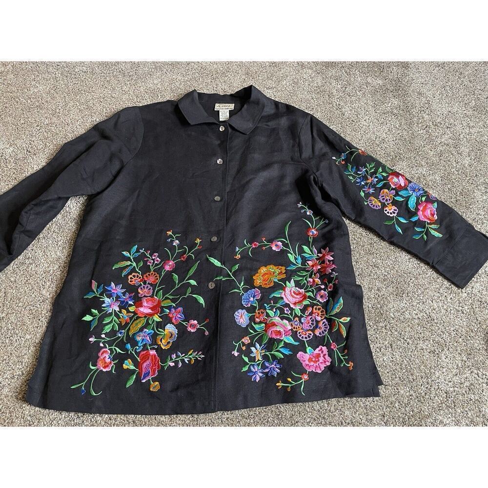Vintage Linea by Louis Dell Olio Embroidered Floral Colorful Black Top Large